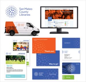 Examples of the new San Mateo County Libraries rebranding.