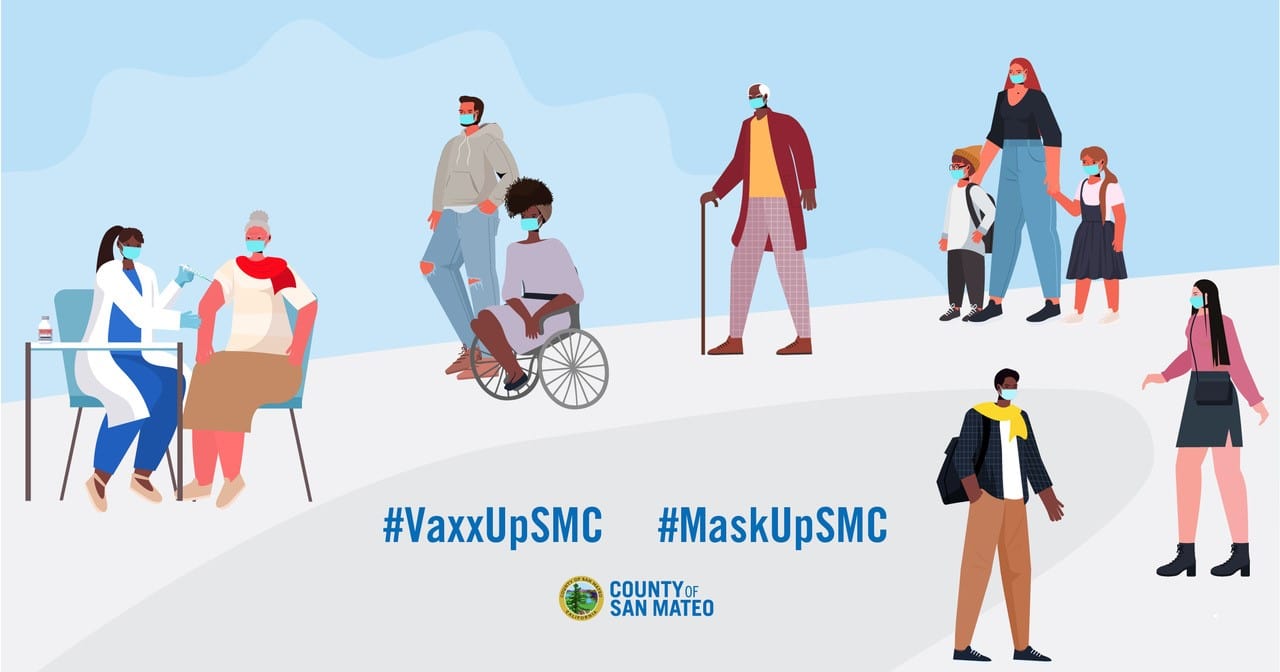Illustrations of people in masks lining up to get vaccine